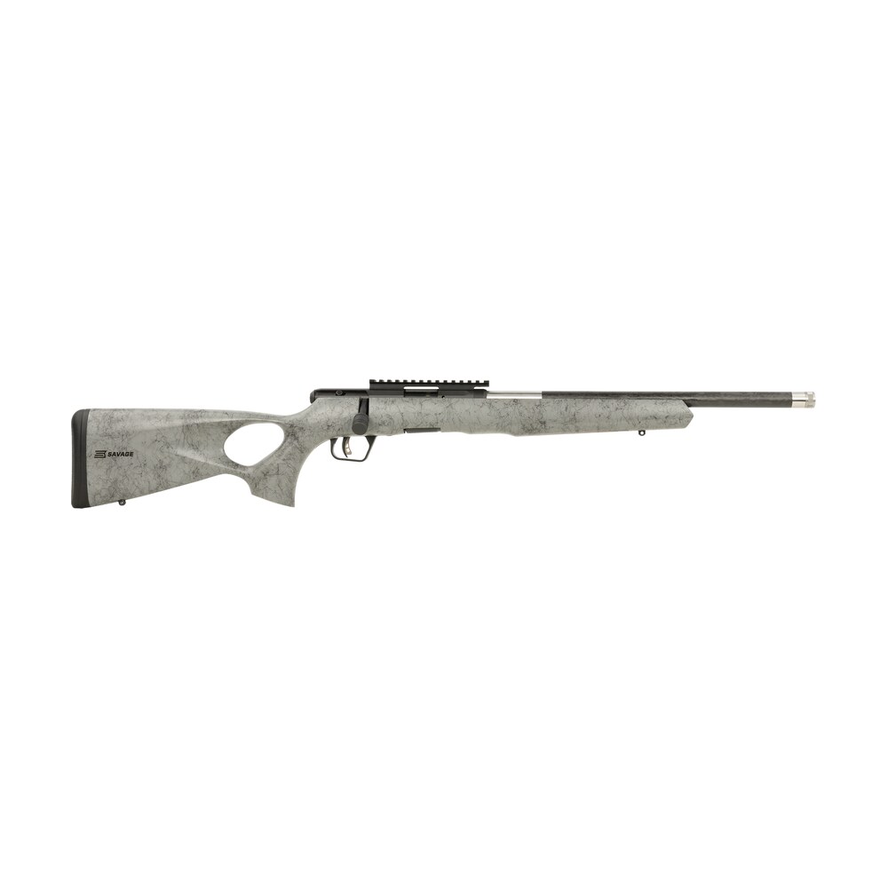 savage arms 70818 b series timberlite 17 hmr 10+1 18" black threaded carbon fiber/ss barrel, black picatinny rail steel receiver, gray w/black webbing synthetic fixed thumbhole stock Savage Arms 70818 B Series TimberLite 17 HMR 10+1 18" Black Threaded Carbon Fiber/SS Sports South item 165746