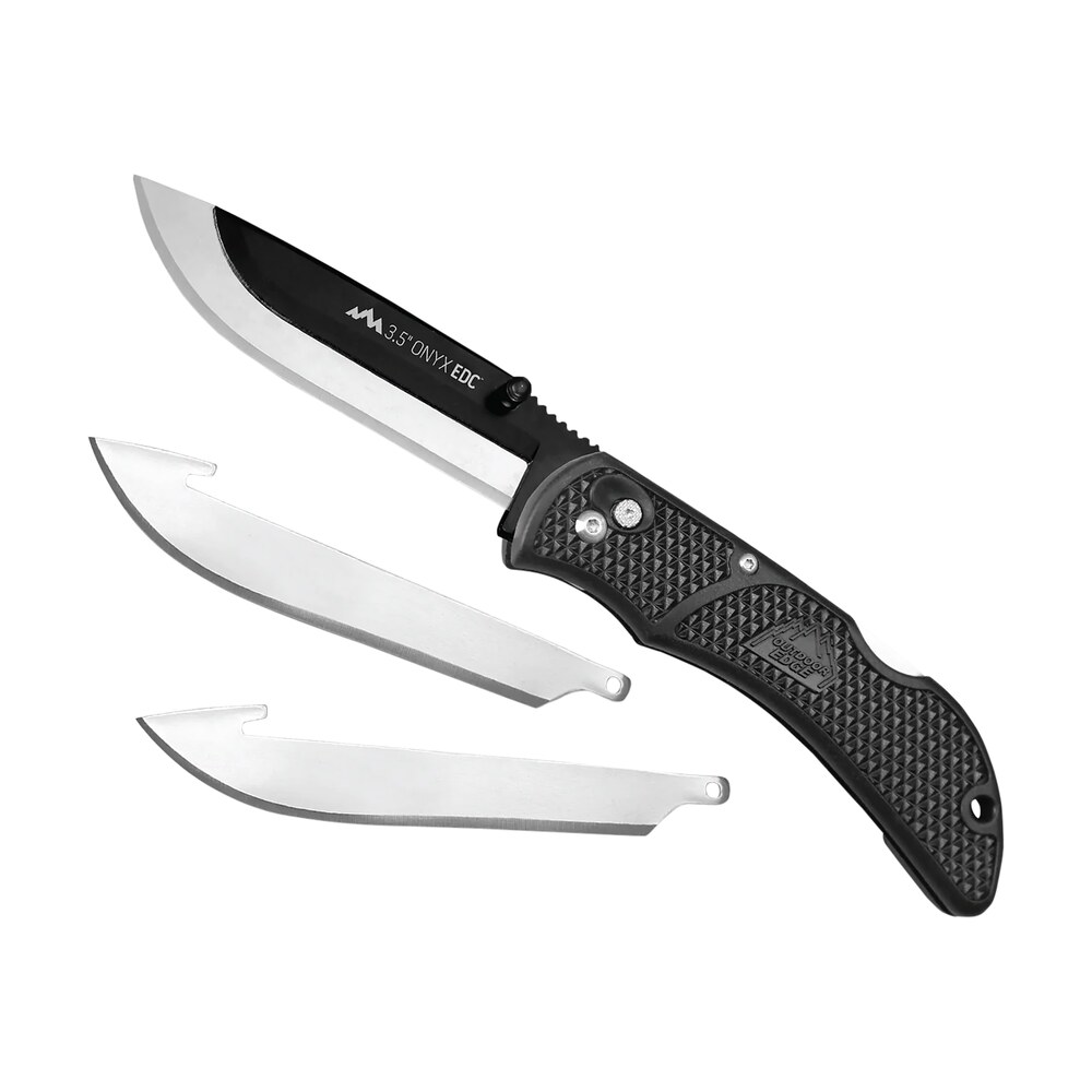 outdoor edge ox10c onyx 3 blades, 3.50" folding drop point plain satin/black oxide 420j2 ss blade, 4.50" black textured grivory handle Outdoor Edge OX10C Onyx 3 Blades, 3.50" Folding Drop Point Plain Satin/Black Oxide 420J2 SS Sports South item 166098