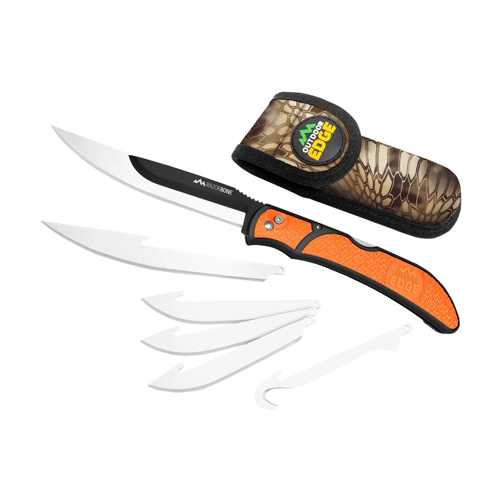 outdoor edge rbb20c razorbone 6 blades, folding 3.40" gut hook/3.50" drop point/5" fillet satin/black oxide 420j2 ss blades, blaze orange textured grivory w/tpr inserts handle Outdoor Edge RBB20C RazorBone 6 Blades, Folding 3.40" Gut Hook/3.50" Drop Point/5" Fillet Sports South item 166101