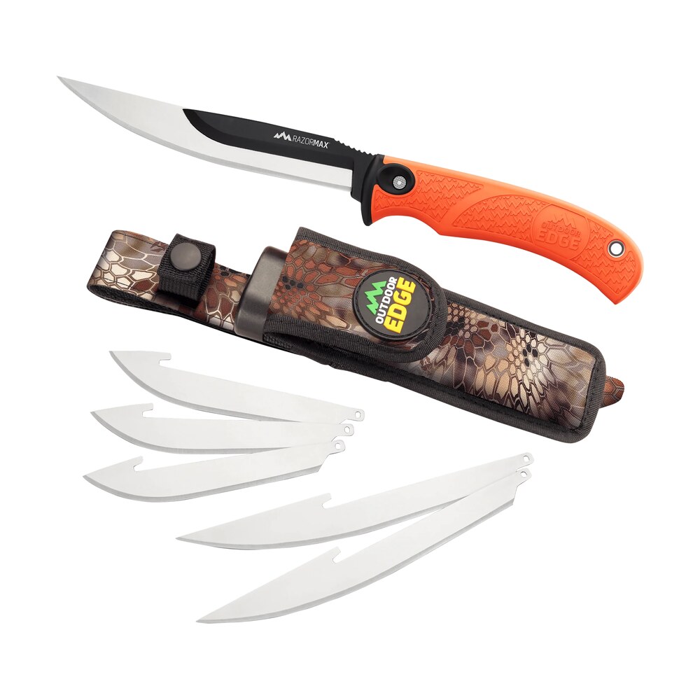outdoor edge rmb20c razormax 6 blades, 3.50" drop point/5" boning fillet folding plain satin/black oxide 420j2 ss blades, blaze orange textured tpr handle Outdoor Edge RMB20C RazorMax 6 Blades, 3.50" Drop Point/5" Boning Fillet Folding Plain Sports South item 166102