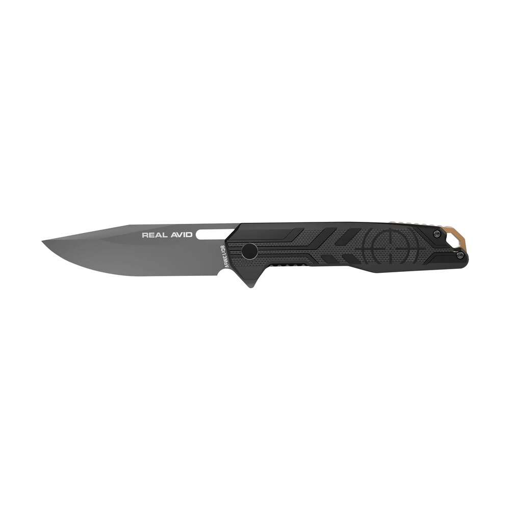 real avid avrav7 rav 7 edc 3.25" folding drop point plain titanium 8cr13mov ss blade, black textured g10 handle, clamshell pkg Real Avid AVRAV7 RAV-7 EDC 3.25" Folding Drop Point Plain Titanium 8Cr13MoV SS Blade, Black Sports South item 166652