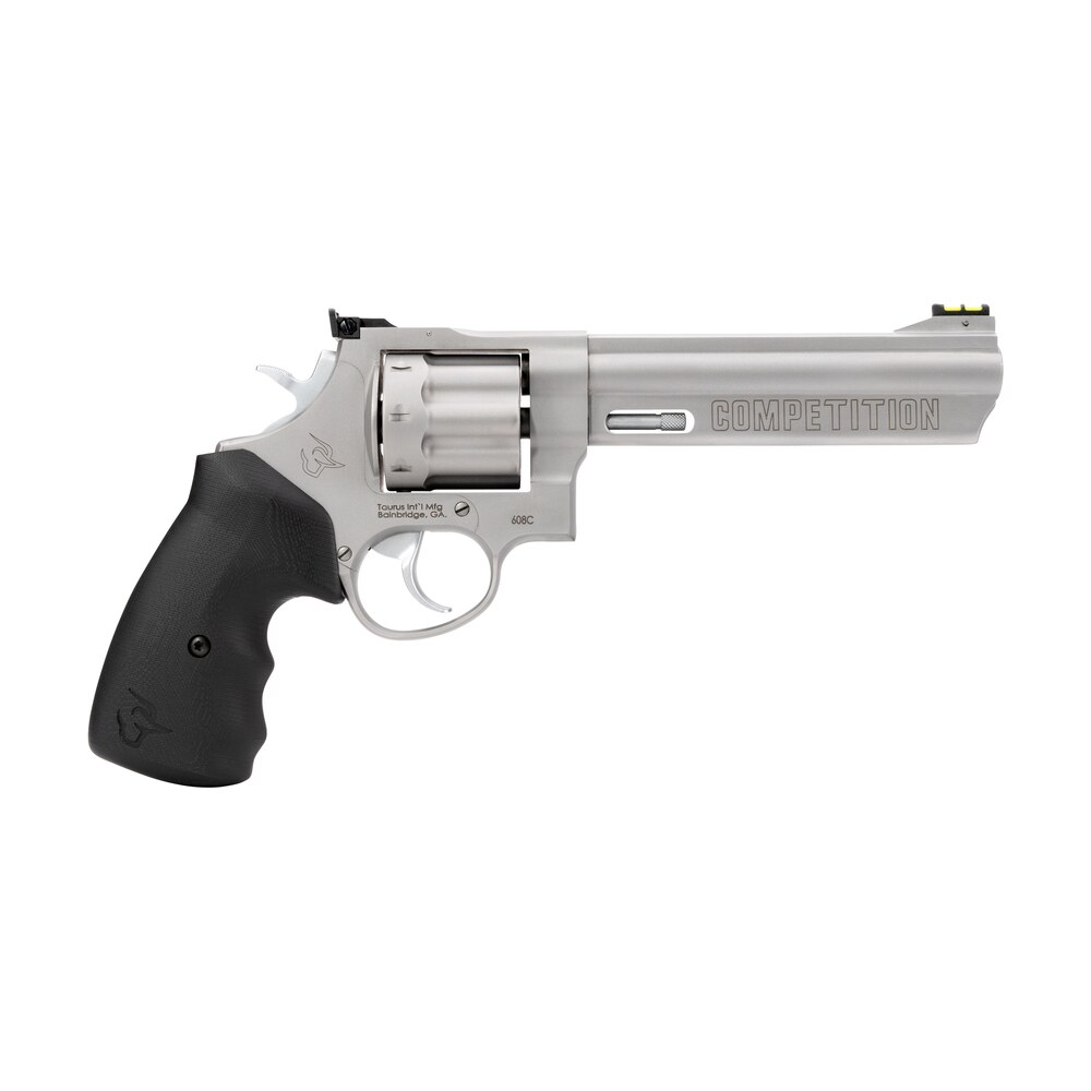 taurus 2 608069cmp 608 competition 357 mag/38 special +p 8 shot 6" matte stainless steel barrel, cylinder & frame, black finger grooved grip, transfer bar safety, exposed hammer Taurus 2-608069CMP 608 Competition 357 Mag/38 Special +P 8 Shot 6" Matte Stainless Steel Sports South item 166856