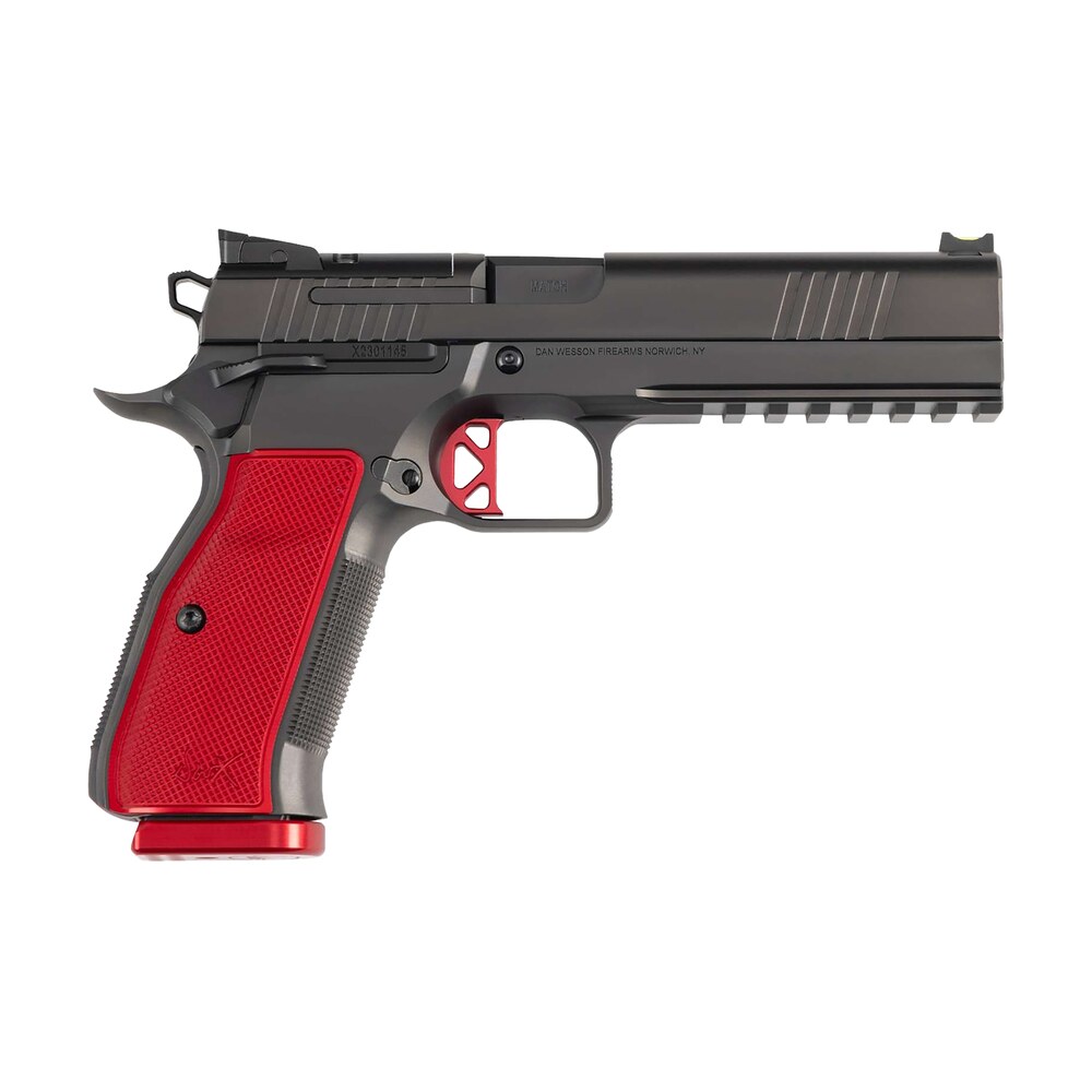 dan wesson 92003 dwx 9mm luger 19+1 4.95" black match grade barrel, black dlc optics ready serrated steel slide, black aluminum frame w/beavertail & picatinny rail, red textured aluminum grip Dan Wesson 92003 DWX 9mm Luger 19+1 4.95" Black Match Grade Sports South item 167329