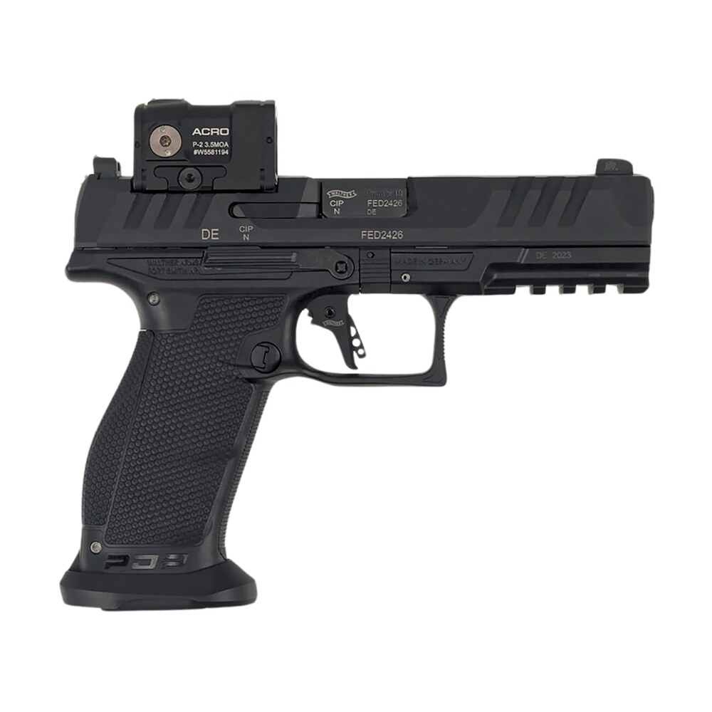 walther arms 2881225pro pdp w/optic full size frame 9mm luger 18+1 4.50" polygonal rifling barrel black optic ready/serrated steel slide black polymer frame w/picatinny rail, aimpoint acro red dot Walther Arms 2881225PRO PDP Sports South item 167454