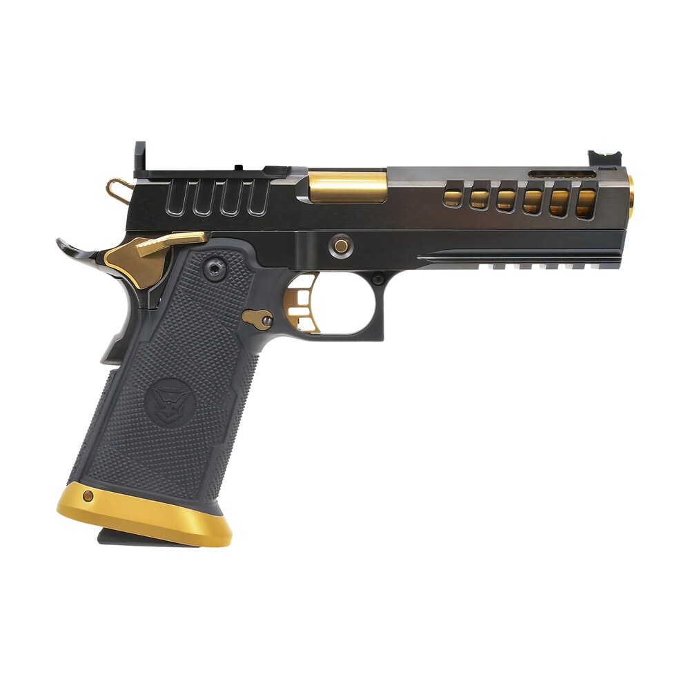 watchtower firearms demolitia9mm5elite demolitia full size frame 9mm luger 20+1 5" gold plated pvd ported barrel, graphite pvd optic cut/serrated steel slide, graphite pvd frame, black textured grip Watchtower Firearms DEMOLITIA9MM5ELITE Demolitia Full Size Frame 9mm Luger 20+1 5" Gold Plated Sports South item 167523