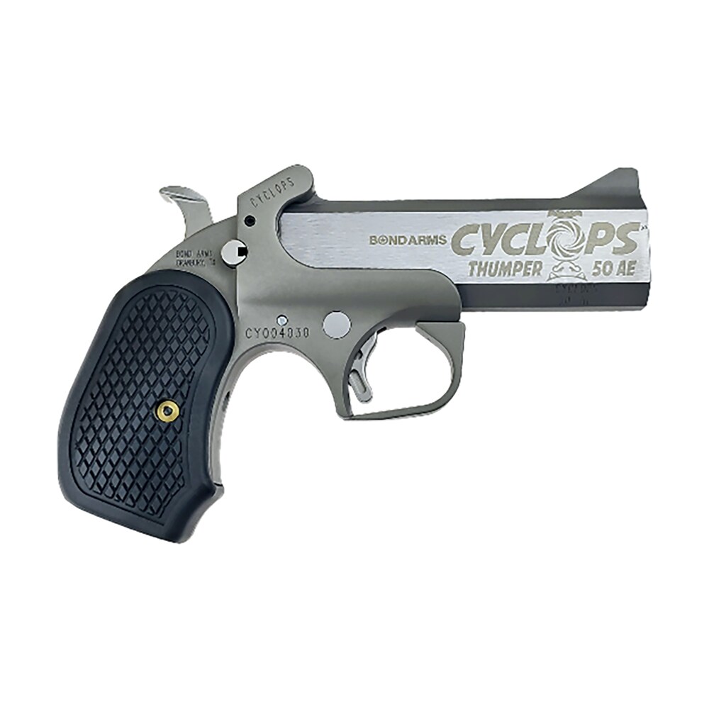 bond arms bacy cyclops big bore 50 ae 1 shot 4.25" black/ss stainless steel barrel black rough & tumble stainless steel frame black extended b6 resin grips right hand Bond Arms BACY Cyclops Big Bore 50 AE 1 Shot 4.25" Black/SS Stainless Steel Barrel Black Rough Sports South item 167778