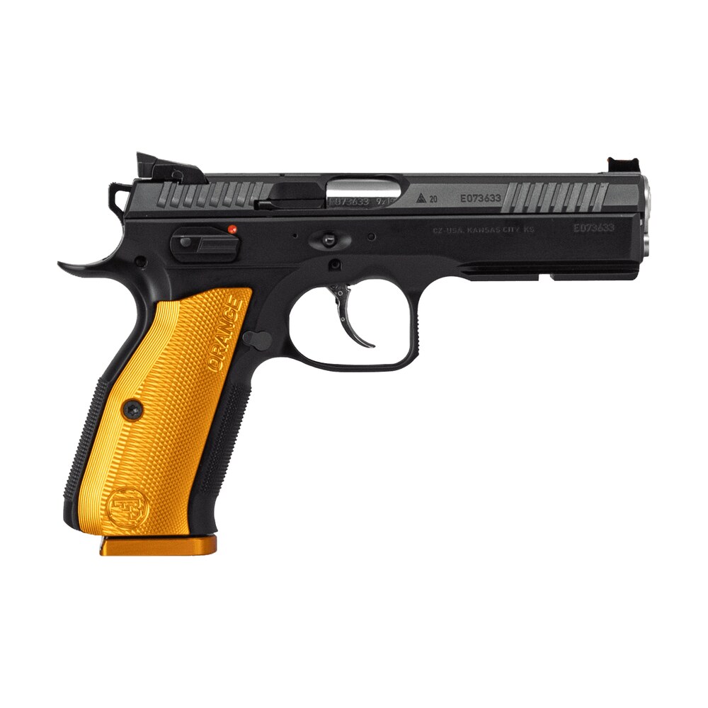 cz usa 91248 shadow 2 9mm luger 17+1 4.89" stainless steel barrel, black nitride optic cut/serrated slide, black steel frame w/beavertail & picatinny rail, orange checkered aluminum grip CZ-USA 91248 Shadow 2 9mm Luger 17+1 4.89" Stainless Steel Sports South item 169831