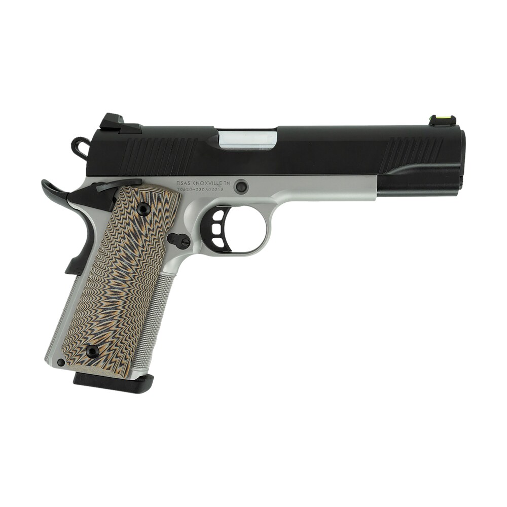 tisas 10100803 1911 d10 fo full size frame 10mm auto 8+1 5" hard chrome plated steel barrel, black cerakote steel serrated slide, stainless steel frame w/beavertail, black/tan g10 grip Tisas 10100803 1911 D10 FO Full Size Frame 10mm Auto 8+1 5" Hard Chrome Plated Steel Sports South item 169946