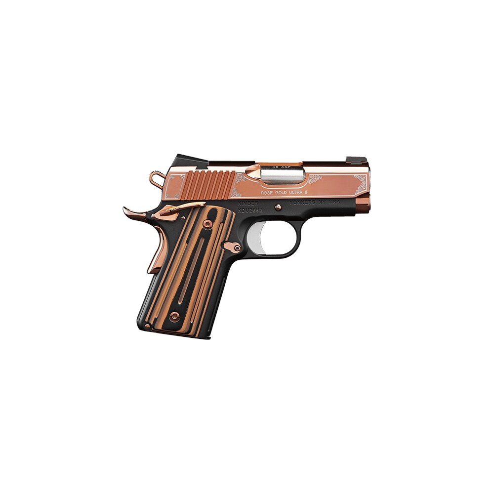 kimber mfg, inc 3200372 ultra ii 9mm luger 8+1 3" stainless match grade barrel, engraved rose gold pvd serrated stainless steel slide, kimpro ii black aluminum frame w/beavertail, g10 grip Kimber Mfg, Inc 3200372 Ultra II 9mm Luger 8+1 3" Stainless Match Grade Sports South item 170502