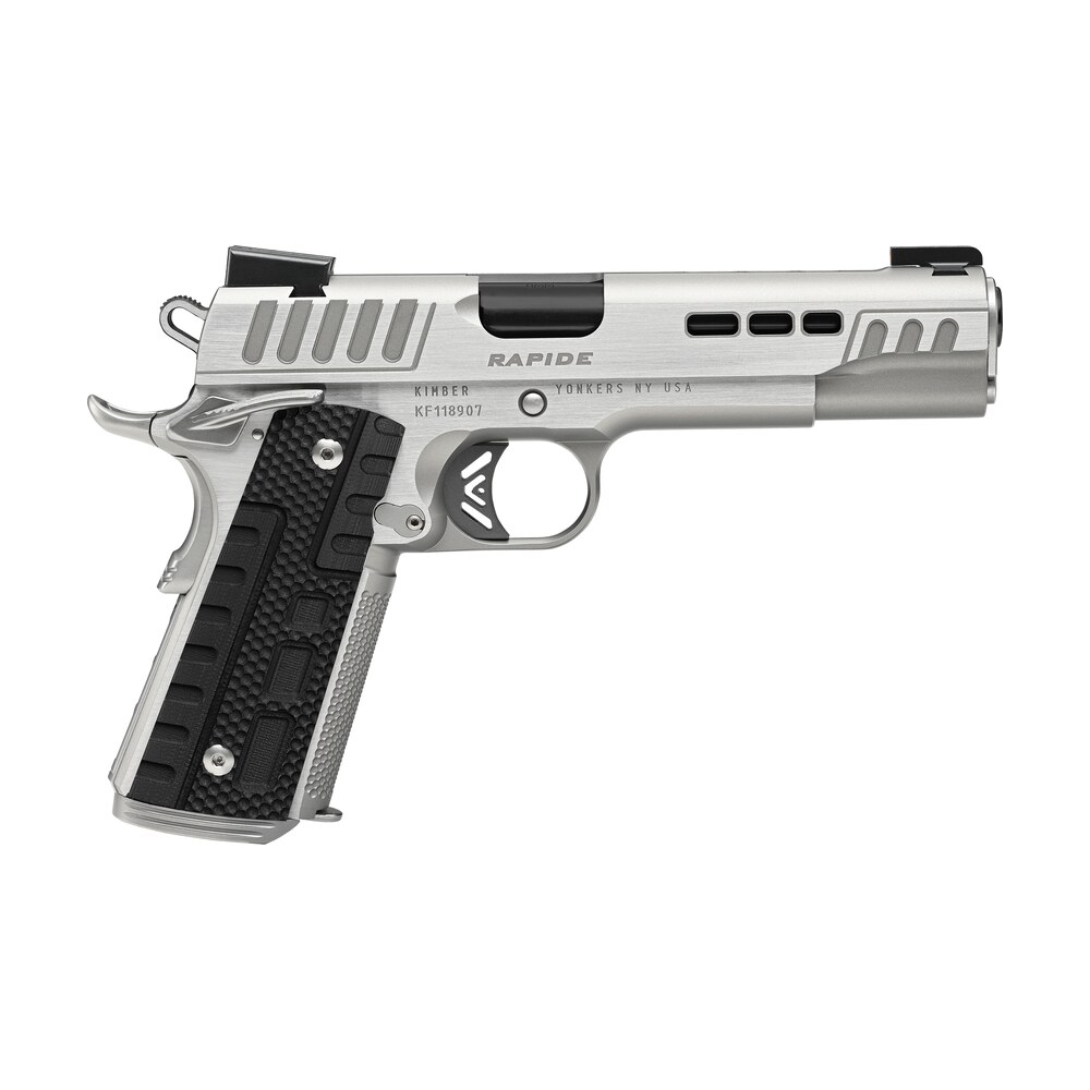 kimber mfg.,inc 3000429 rapide frost 10mm auto 8+1 5" black dlc stainless steel barrel, kimpro ii silver lightening cut/serrated stainless steel slide & frame w/beavertail, black g10 grip Kimber Mfg.,inc 3000429 Rapide Frost 10mm Auto 8+1 5" Black DLC Stainless Steel Sports South item 170514