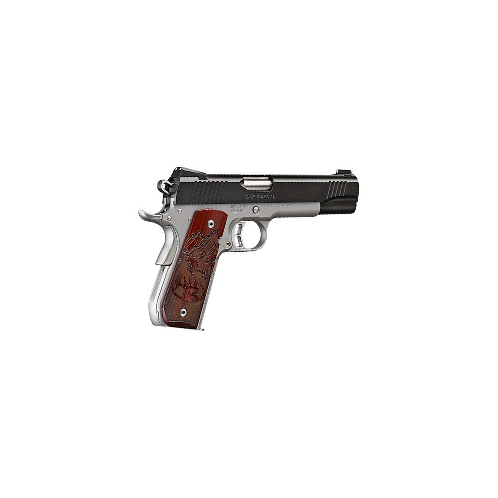 kimber mfg, inc 3000233 camp guard 10mm auto 8+1 5" stainless match grade barrel, matte black serrated stainless steel slide, satin silver stainless steel frame w/beavertail, rosewood grip Kimber Mfg, Inc 3000233 Camp Guard 10mm Auto 8+1 5" Stainless Match Grade Sports South item 170537