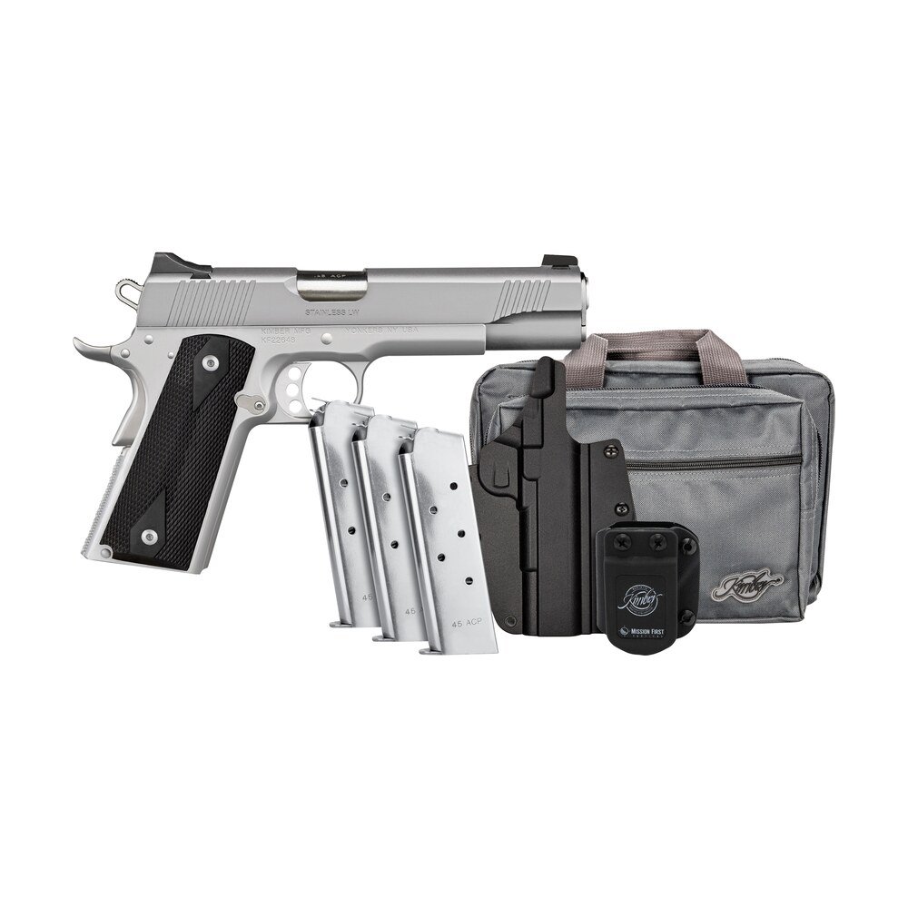 kimber mfg, inc 3700826 stainless lw club bundle full size frame 45 acp 7+1 5" stainless match grade barrel, serrated stainless steel slide, stainless aluminum frame w/beavertail, black textured grip Kimber Mfg, Inc 3700826 Stainless LW Club Bundle Full Size Frame 45 ACP 7+1 5" Stainless Match Sports South item 170544