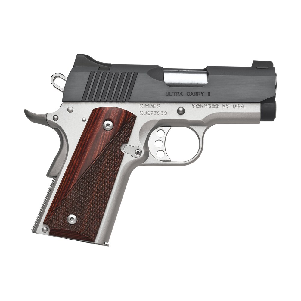 kimber mfg, inc 3200321 ultra carry ii 45 acp 7+1 3" stainless match grade barrel, matte black brushed serrated steel slide, satin silver aluminum frame w/beavertail, rosewood grip Kimber Mfg, Inc 3200321 Ultra Carry II 45 ACP 7+1 3" Stainless Match Grade Sports South item 170566