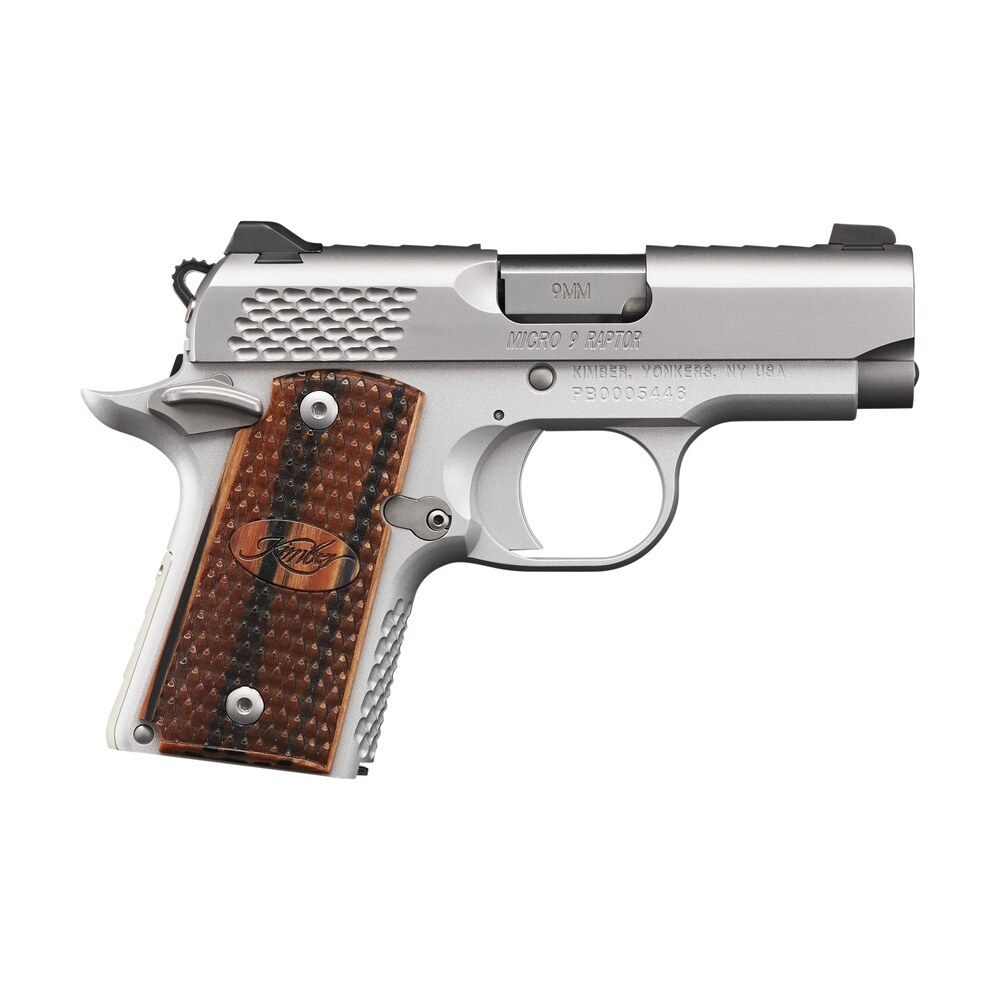 kimber mfg.,inc 3300109 micro 9 stainless raptor 9mm 6+1 3.15" stainless steel slide kimpro silver zebrawood with scale pattern and kimber logo grip Kimber Mfg.,inc 3300109 Micro 9 Stainless Raptor 9mm 6+1 3.15" Stainless Steel Slide KimPro Sports South item 170624