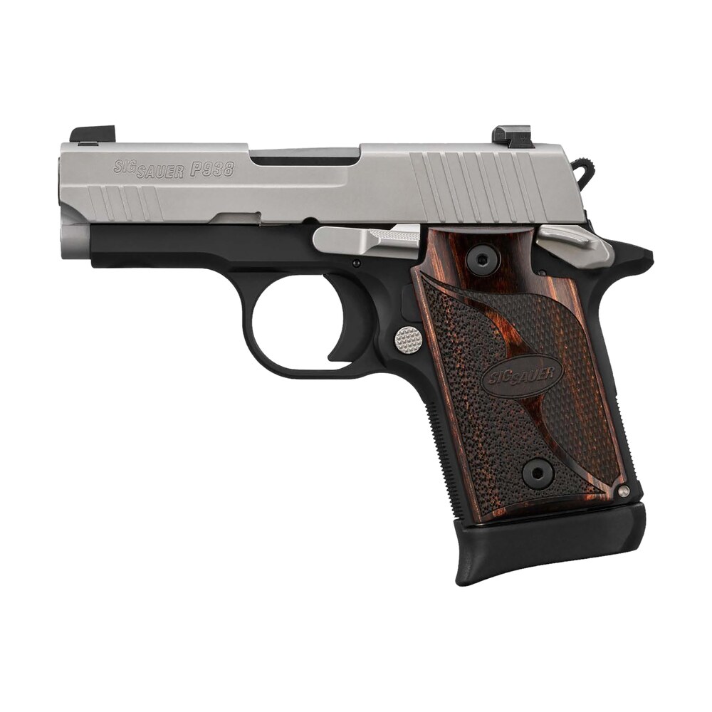 sig sauer 9389txr3ambi p938 micro compact frame 9mm luger 6+1/7+1 3" black steel barrel, bead blast serrated stainless steel slide, black anodized aluminum frame w/beavertail, rosewood hogue grip Sig Sauer 9389TXR3AMBI P938 Micro-Compact Frame 9mm Luger 6+1/7+1 3" Black Steel Sports South item 171350
