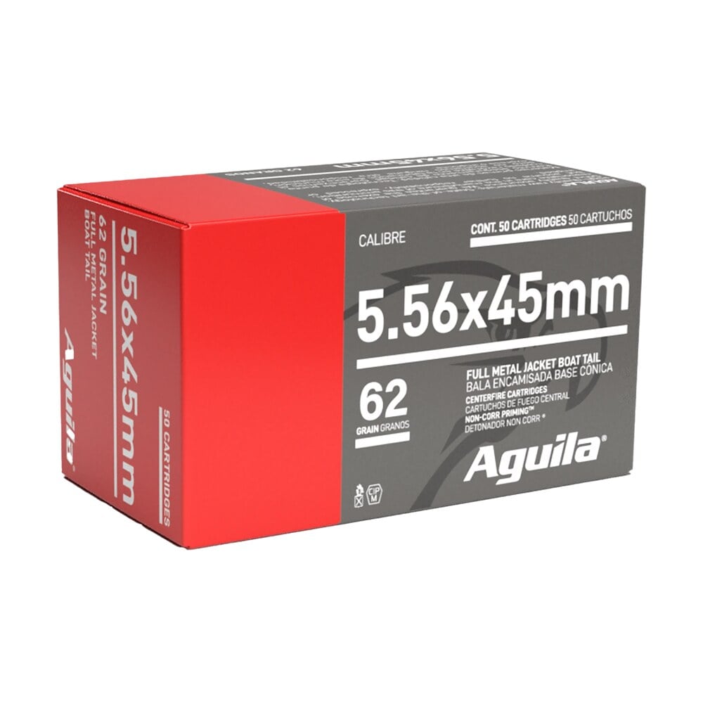 aguila 1e556110 5.56x45mm nato 62gr full metal jacket boat tail 50 per box/20 case Aguila 1E556110 5.56x45mm NATO 62gr Full Metal Jacket Boat Tail 50 Per Box/20 Case Sports South item 1717