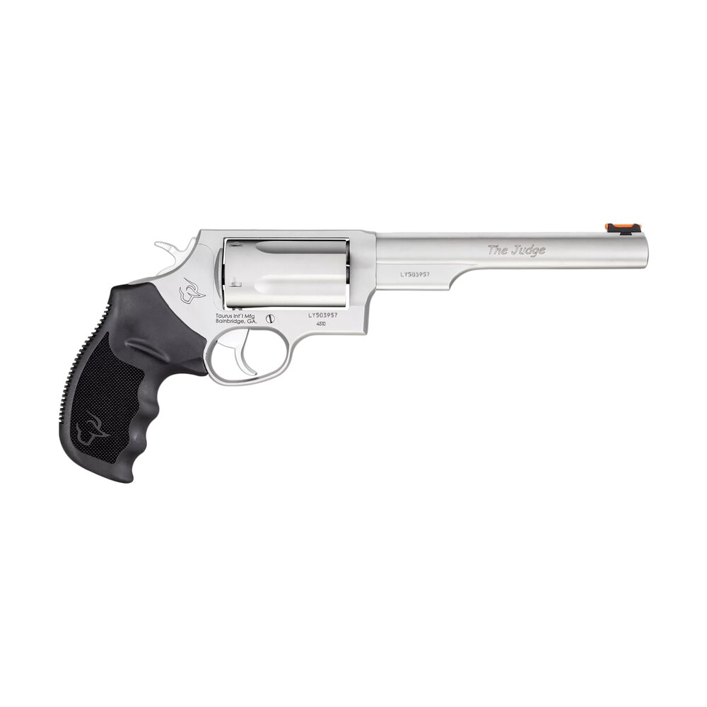 taurus 2 441069t judge compact 45 colt (long colt)/410 bore 5 shot 6.50″ matte stainless steel barrel, cylinder & frame, black ribber grip, transfer bar safety, exposed hammer Taurus 2-441069T Judge Compact 45 Colt (Long Colt)/410 Bore 5 Shot 6.50" Matte Stainless Steel Sports South item 17254