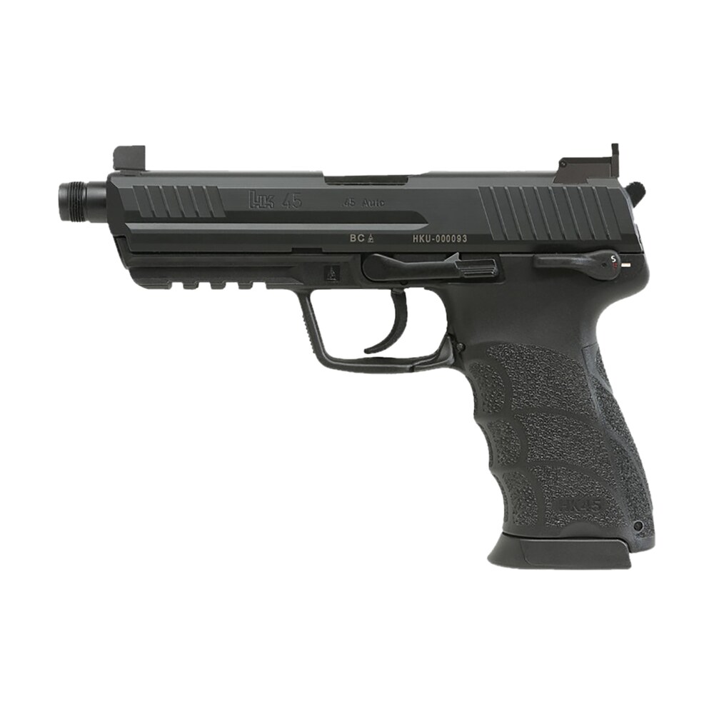 hk 81001117 hk45 v1 .45 acp 10+1 4.46" black threaded barrel, black cerakote serrated steel slide, black polymer frame w/picatinny rail, ambidextrous HK 81001117 HK45 V1 .45 ACP 10+1 4.46" Black Threaded Sports South item 172731