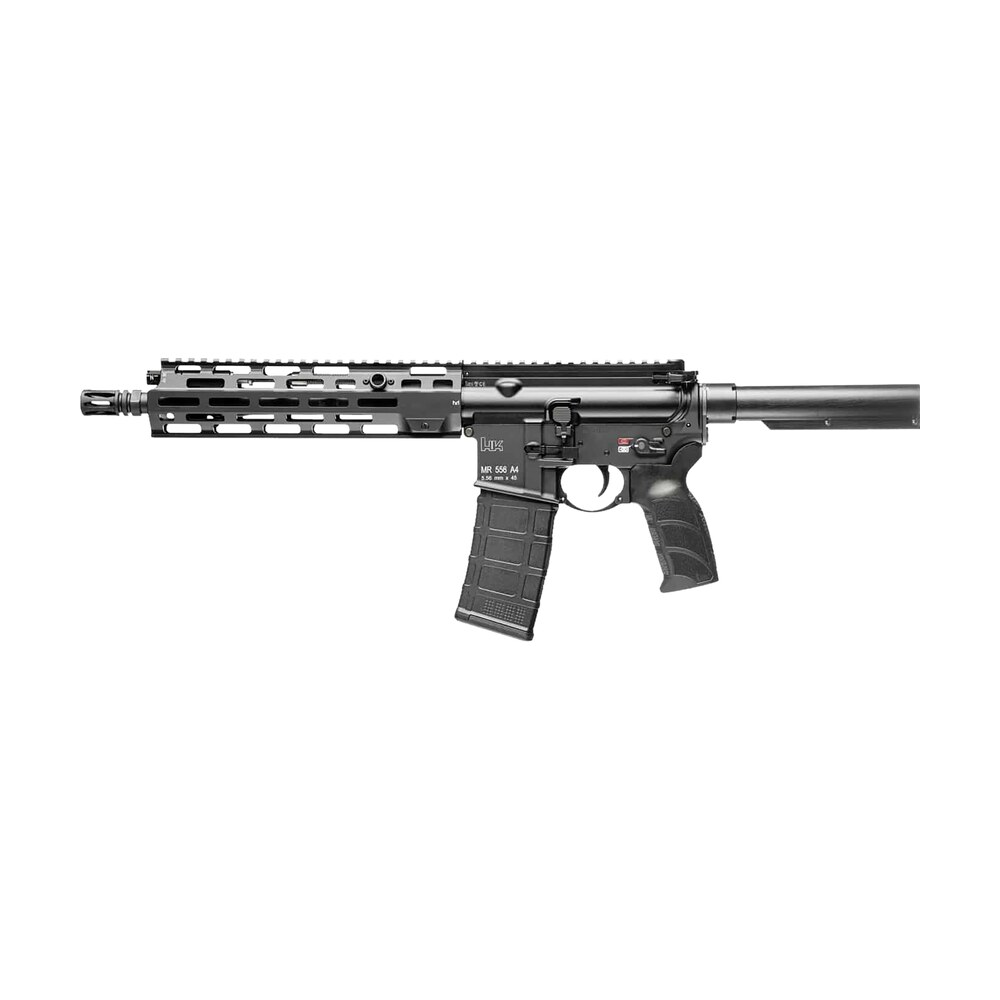 hk 81001050 mr556 a4 5.56x45mm 30+1 11" black threaded barrel, m lok handguard, black picatinny rail receiver, black pistol tube, black polymer grip, ambidextrous HK 81001050 MR556 A4 5.56x45mm 30+1 11" Black Threaded Sports South item 172735