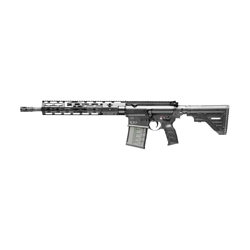 hk 81000829 mr762 a4 7.62x51mm 20+1 16.50" black threaded barrel, black picatinny rail, m lok handguard, 6 position black synthetic stock, black finger grooved grip, ambidextrous HK 81000829 MR762 A4 7.62x51mm 20+1 16.50" Black Threaded Sports South item 172737
