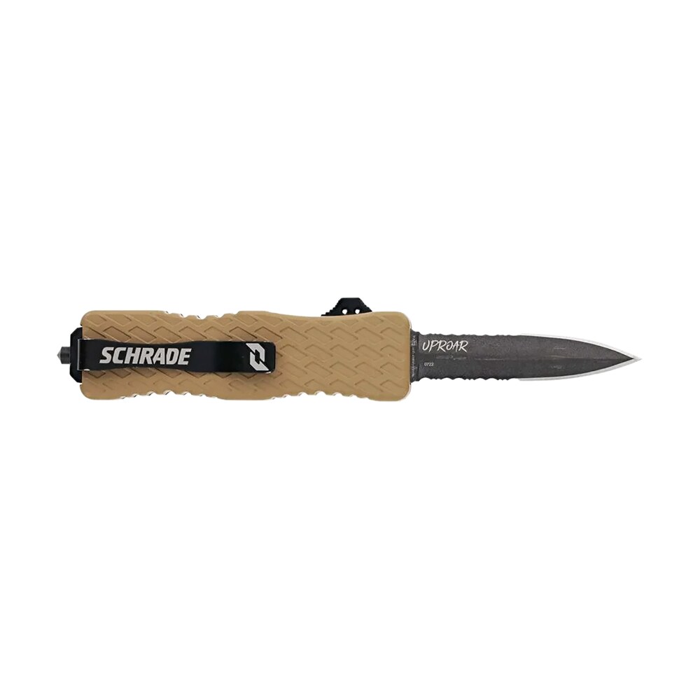 schrade 1159305 uproar automatic 3" otf dagger part serrated black oxide d2 steel blade, flat dark earth textured aluminum handle Schrade 1159305 Uproar Automatic 3" OTF Dagger Part Serrated Black Oxide D2 Steel Blade, Flat Sports South item 173674