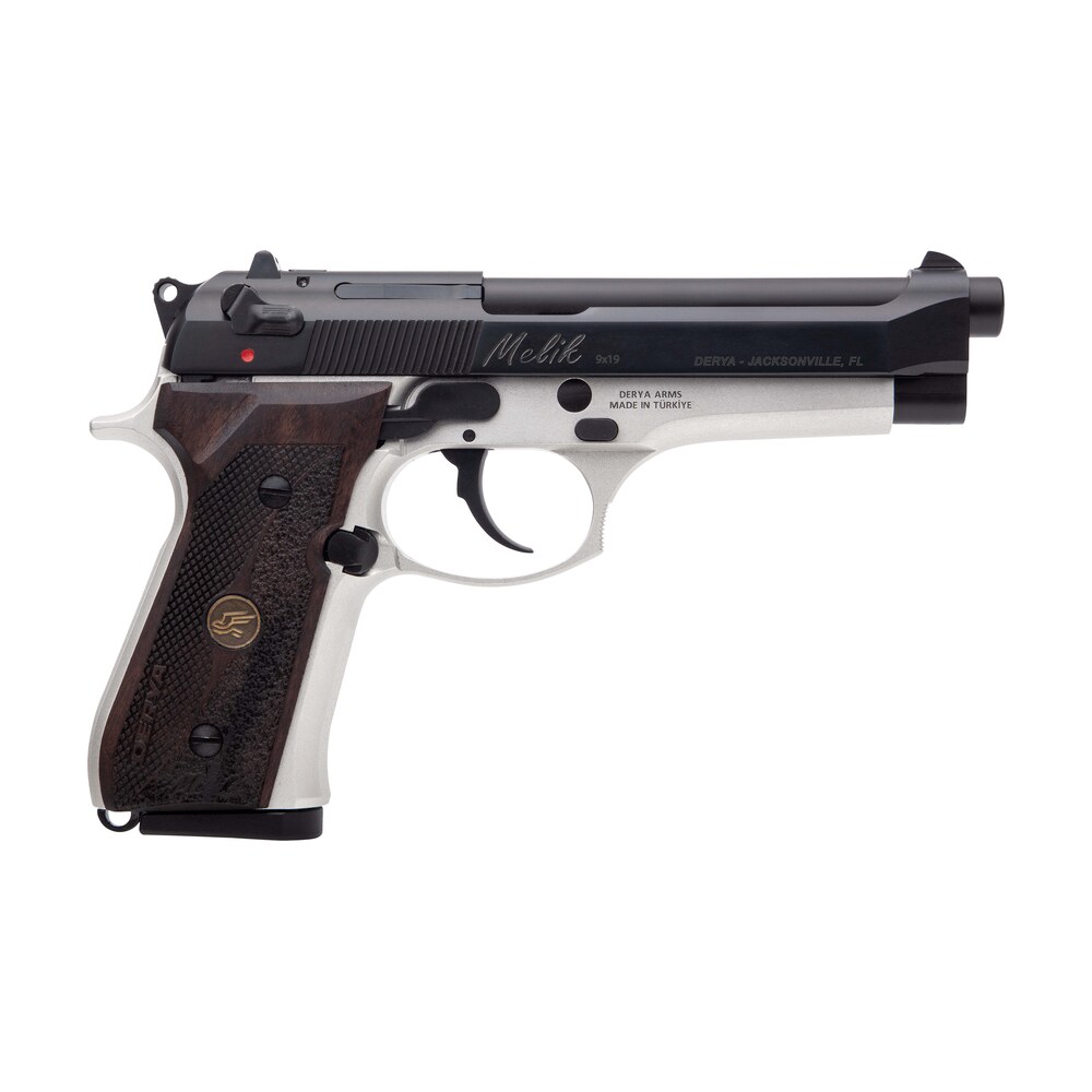 derya firearms melik9tttr melik 9mm luger 17+1 4.90" black melonite steel barrel, black melonite serrated steel slide, silver anodized aluminum frame, dark walnut grip Derya Firearms MELIK9TTTR Melik 9mm Luger 17+1 4.90" Black Melonite Steel Sports South item 174454