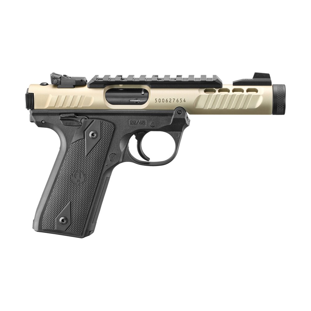 ruger 43955 mark iv 22/45 lite 22 lr 10+1 4.40" stainless threaded barrel, champagne anodized serrated slide w/picatinny rail, black anodized polymer frame, black checkered 1911 style grip Ruger 43955 Mark IV 22/45 Lite 22 LR 10+1 4.40" Stainless Threaded Sports South item 174474