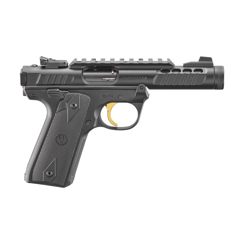 ruger 43956 mark iv 22/45 lite 22 lr 10+1 4.40" stainless threaded barrel, black anodized serrated slide w/picatinny, black anodized polymer frame, black checkered 1911 style grip Ruger 43956 Mark IV 22/45 Lite 22 LR 10+1 4.40" Stainless Threaded Sports South item 174475