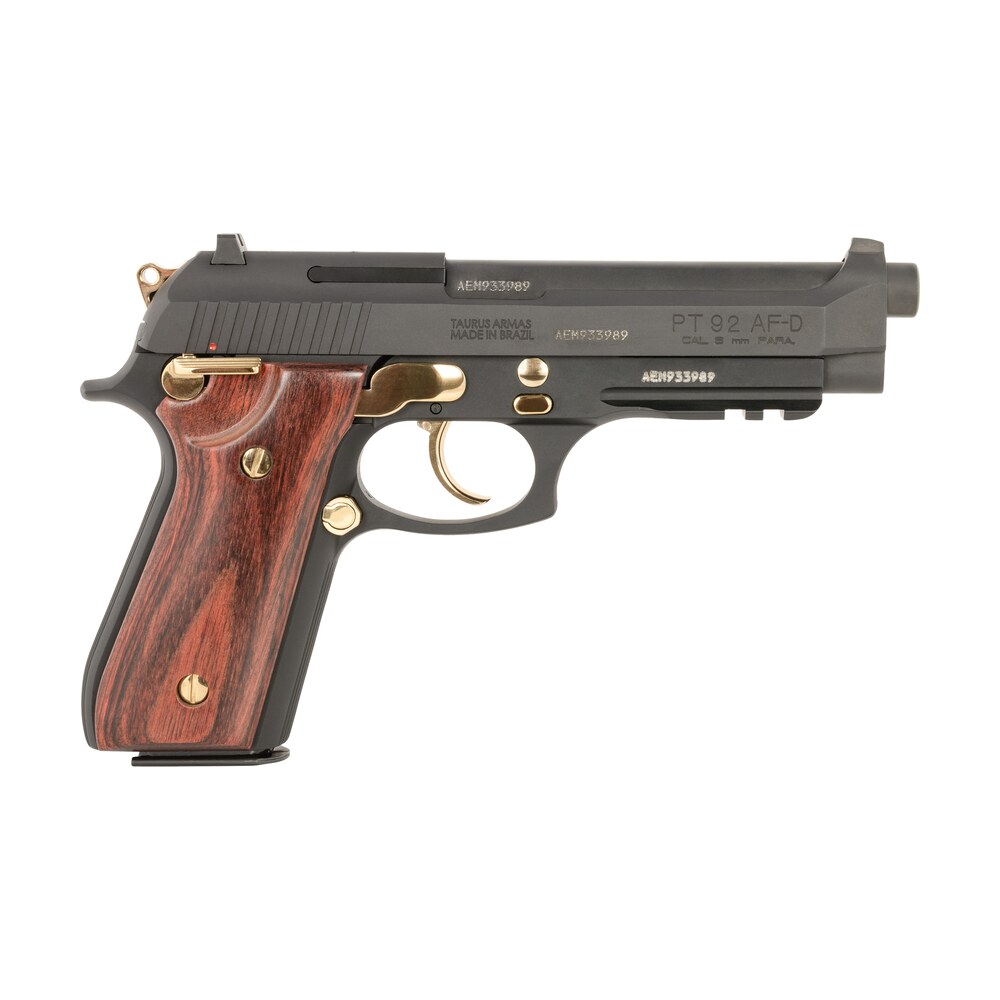 taurus 1 920151gld hw1 92 full size frame 9mm 17+1 5" matte black stainless steel barrel, matte black serrated alloy steel slide, matte black w/gold accents aluminum frame w/picatinny rail, wood grip Taurus 1-920151GLD-HW1 92 Full Size Frame 9mm 17+1 5" Matte Black Stainless Steel Sports South item 174519