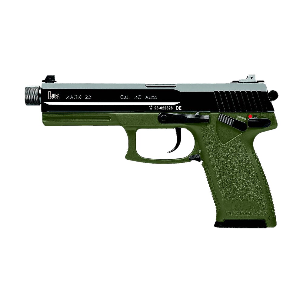 hk 81001074 mark 23 45 acp 12+1 5.87" black threaded barrel, black cerakote serrated steel slide, od green polymer frame w/accessory rail, textured grip HK 81001074 Mark 23 45 ACP 12+1 5.87" Black Threaded Sports South item 174603