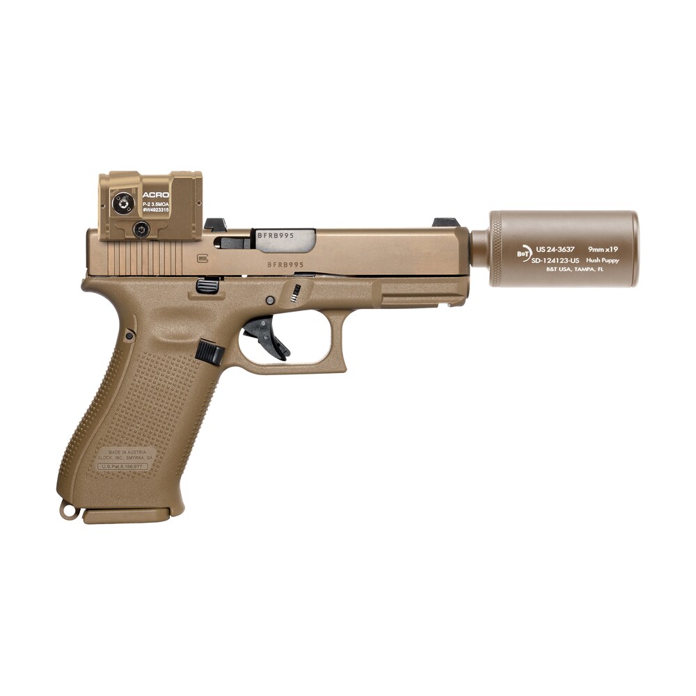b&t firearms hushpuppykitctcstm hush puppy kit 9mm luger 15+1 4" stainless threaded barrel, coyote tan receiver & textured grip, includes aimpoint acro p 2 red dot, suppressor & 2 mags B&T Firearms HUSHPUPPYKITCTCSTM Hush Puppy Kit 9mm Luger 15+1 4" Stainless Threaded Sports South item 174662
