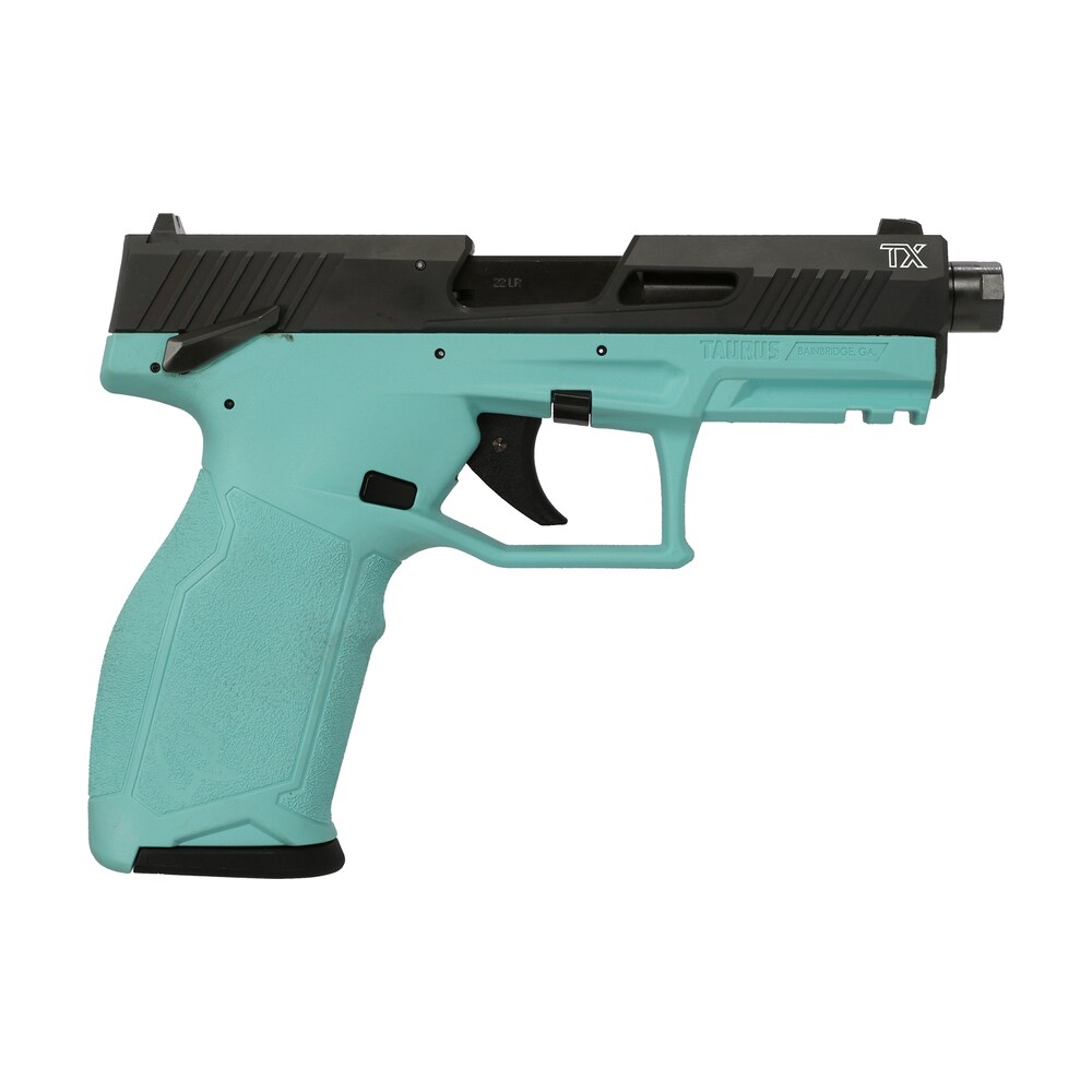 taurus 1 2tx22141c 10 2tx full size frame 22 lr 10+1 4.60" matte black threaded barrel, black anodized serrated slide, matte cyan polymer frame w/picatinny rail, textured grip Taurus 1-2TX22141C-10 2TX Full Size Frame 22 LR 10+1 4.60" Matte Black Threaded Sports South item 175892