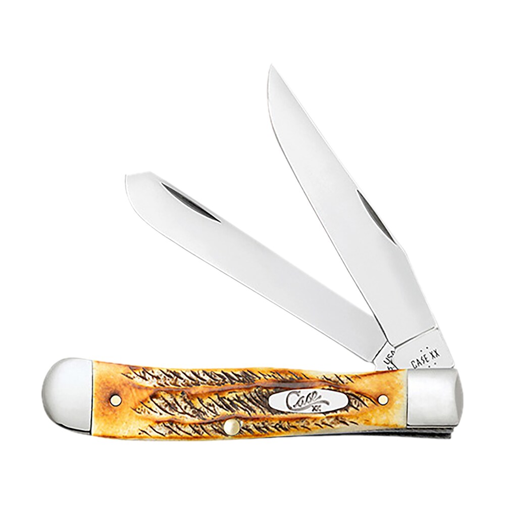 case 65345 trapper 3.25" folding clip point/spey plain mirror polished tru sharp ss blades, burnt dark amber 6.5 bonestag handle, includes pocket clip Case 65345 Trapper 3.25" Folding Clip Point/Spey Plain Mirror Polished Tru-Sharp SS Blades, Sports South item 176157