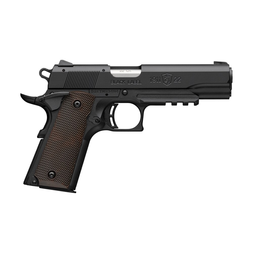 browning 051065490 1911 black label full size frame 22 lr 10+1 4.25" stainless steel barrel, matte black serrated slide, matte black polymer frame w/picatinny rail, brown composite grip Browning 051065490 1911 Black Label Full Size Frame 22 LR 10+1 4.25" Stainless Steel Sports South item 176686