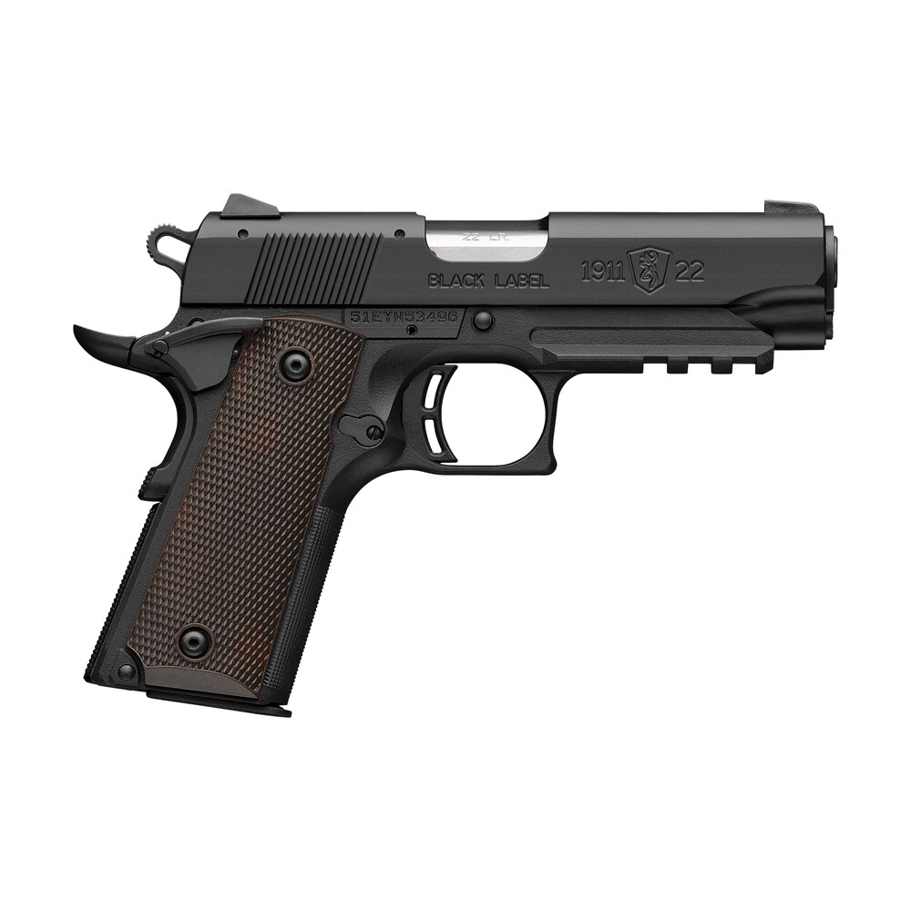 browning 051066490 1911 black label compact frame 22 lr 10+1 3.63" stainless steel barrel, matte black serrated slide, matte black aluminum frame w/picatinny rail, brown composite grip Browning 051066490 1911 Black Label Compact Frame 22 LR 10+1 3.63" Stainless Steel Sports South item 176687