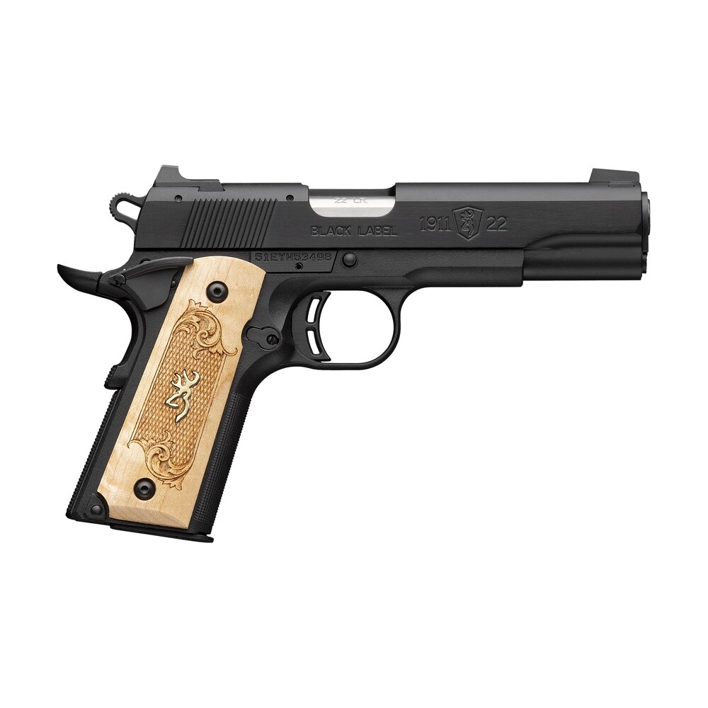 browning 051067490 1911 22 black label medallion full size frame 22 lr 10+1 4.25" stainless steel barrel, matte black serrated slide, matte black aluminum frame w/beavertail, maple medallion grip Browning 051067490 1911-22 Black Label Medallion Full Size Frame 22 LR 10+1 4.25" Stainless Sports South item 176688