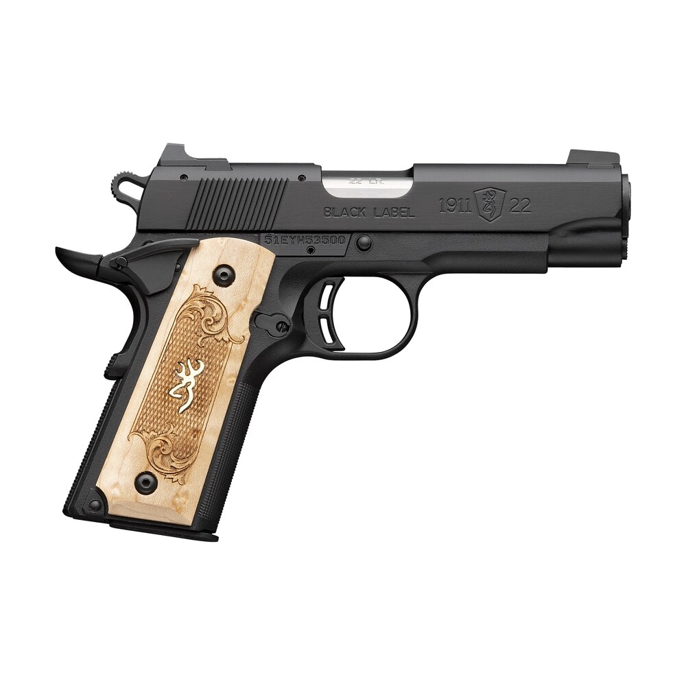 browning 051068490 1911 22 black label medallion compact frame 22 lr 10+1 3.63" stainless steel barrel, matte black serrated slide, matte black aluminum frame w/beavertail, maple medallion grip Browning 051068490 1911-22 Black Label Medallion Compact Frame 22 LR 10+1 3.63" Stainless Steel Sports South item 176689