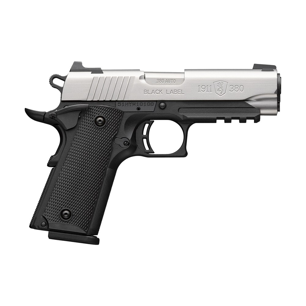 browning 051121492 1911 black label compact 380 acp 8+1 3.63" stainless steel barrel, satin stainless steel serrated slide, matte black polymer frame w/picatinny rail, black polymer grip Browning 051121492 1911 Black Label Compact 380 ACP 8+1 3.63" Stainless Steel Sports South item 176693