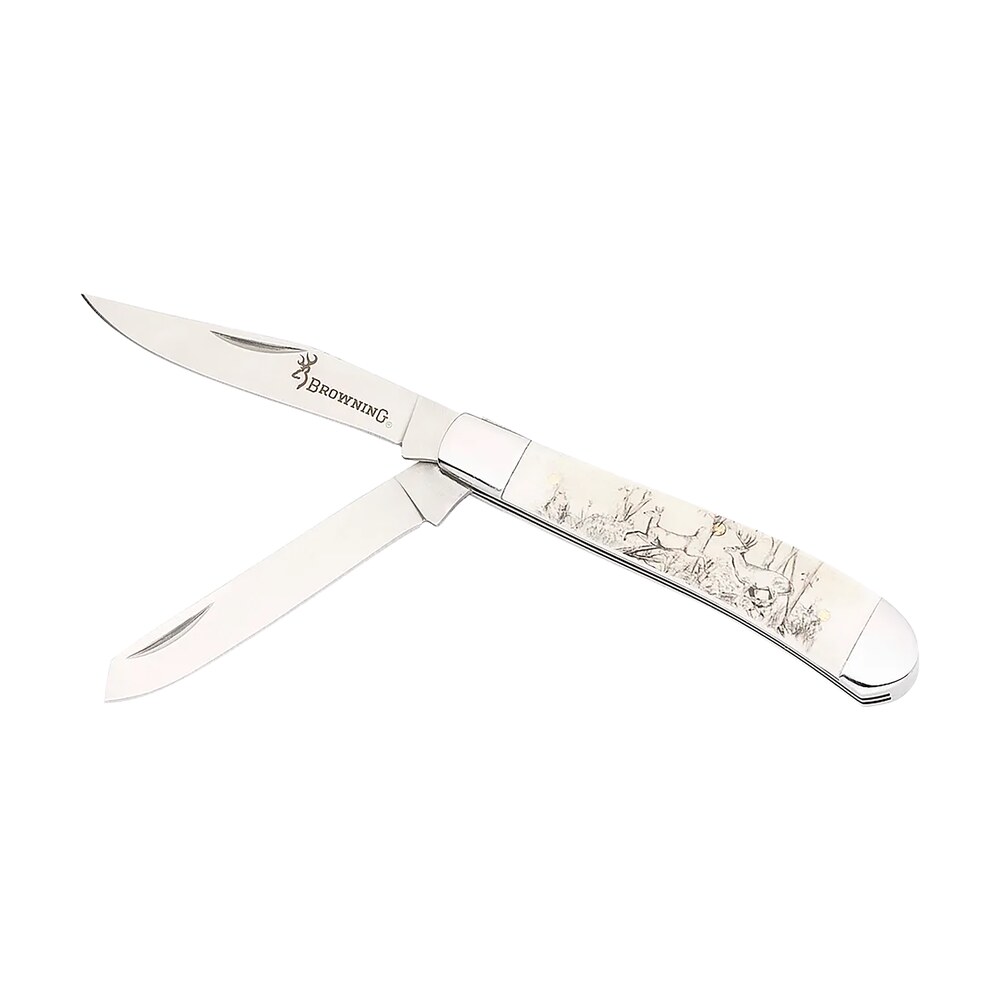browning 3220578b trapper whitetail folding clip point/spey plain satin 12c27 sandvik ss blade, engraved wildlife scene natural bone handle, box packaging Browning 3220578B Trapper Whitetail Folding Clip Point/Spey Plain Satin 12C27 Sandvik SS Blade, Sports South item 176706