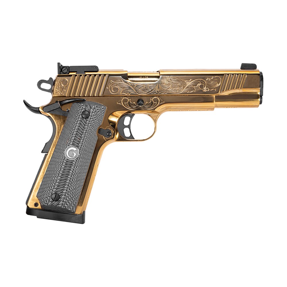 girsan 390093 mc1911 s lux 45 acp 8+1 5" gold plated pvd steel barrel, gold finish engraved serrated w/engraving steel slide, gold plated steel frame, black g10 grip Girsan 390093 MC1911 S Lux 45 ACP 8+1 5" Gold Plated PVD Steel Sports South item 177039