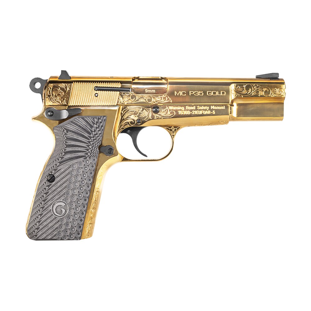 girsan 390488 mc p35 9mm luger 15+1 4.87" gold plated pvd stainless steel barrel, gold finish engraved serrated stainless steel slide, gold plated steel frame w/beavertail, g10 grip Girsan 390488 MC P35 9mm Luger 15+1 4.87" Gold Plated PVD Stainless Steel Sports South item 177041