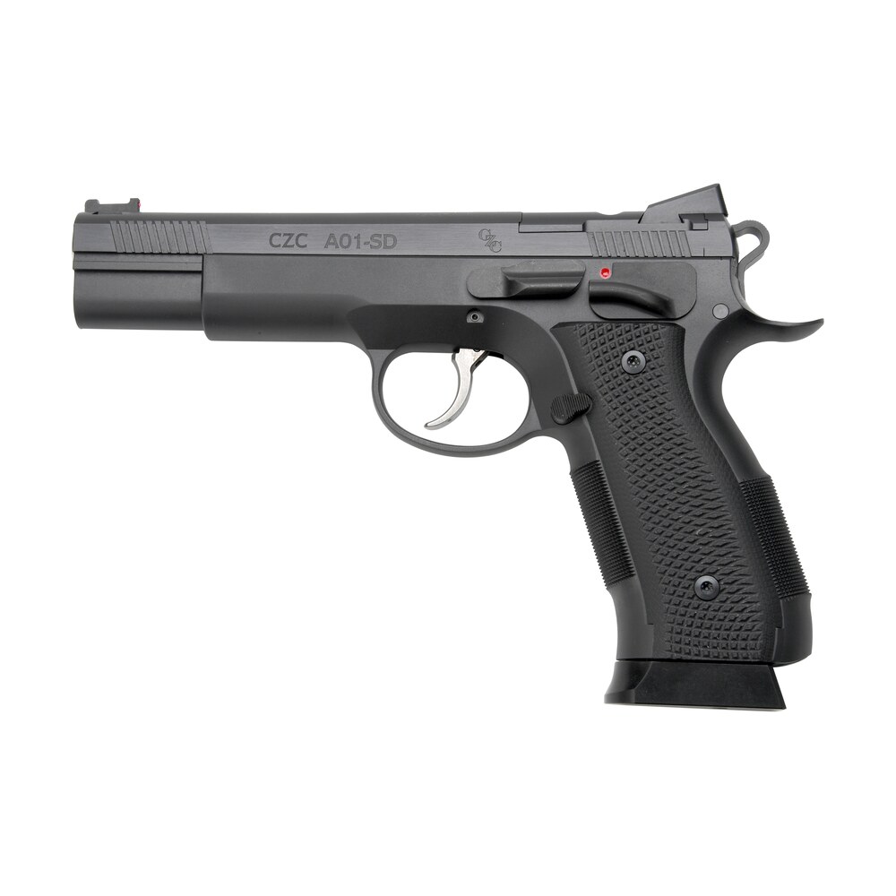 cz custom shop 96333 a01 sd 9mm luger 19+1 5" match grade bull barrel, black optic cut/serrated steel slide, black polycoat steel frame w/beavertail, black g10 grip, short dustcover Cz Custom Shop 96333 A01-SD 9mm Luger 19+1 5" Match Grade Bull Sports South item 177303