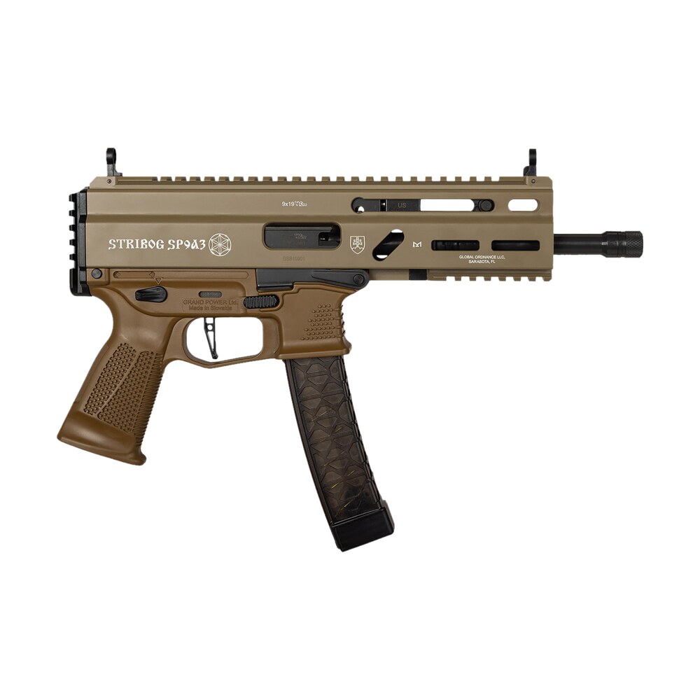 grand power 197892004770 sp9a3 stribog 9mm luger 30+1 8" black threaded barrel, m lok handguard, flat dark earth aluminum picatinny rail receiver, rear picatinny rail, fde polymer grips Grand Power 197892004770 SP9A3 Stribog 9mm Luger 30+1 8" Black Threaded Sports South item 177394