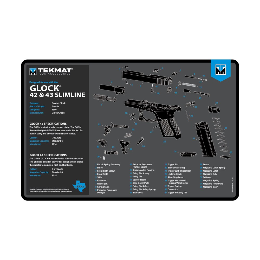 tekmat tekr17glock4243bl glock 42/43 cleaning mat black/blue/white rubber 11"x17" glock 42/43 parts diagram TekMat TEKR17GLOCK4243BL Glock 42/43 Cleaning Mat Black/Blue/White Rubber 11"x17" Glock 42/43 Sports South item 177692