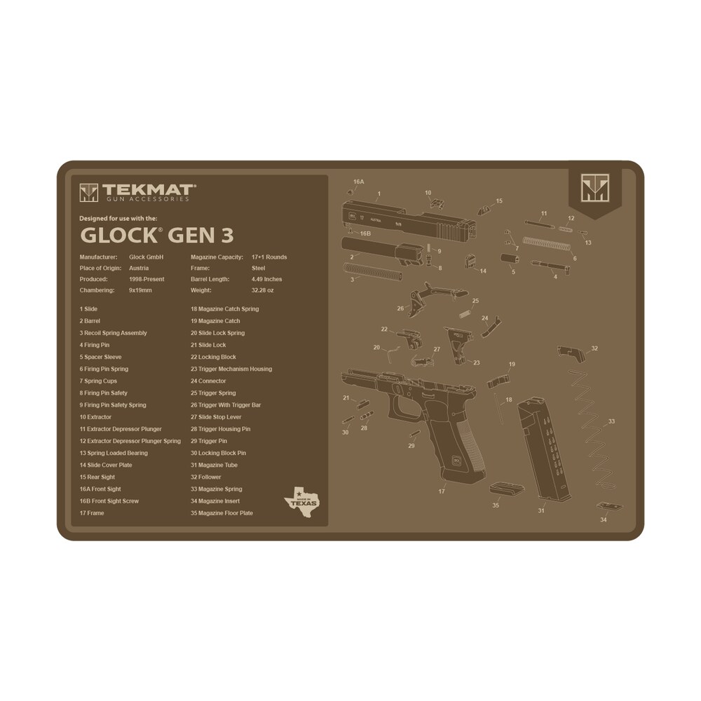 tekmat tekr17glockg3fde glock gen 3 cleaning mat flat dark earth rubber 11"x17" glock gen 3 parts diagram TekMat TEKR17GLOCKG3FDE Glock Gen 3 Cleaning Mat Flat Dark Earth Rubber 11"x17" Glock Gen 3 Sports South item 177693