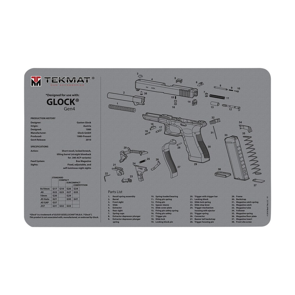 tekmat tekr17glockg4gy glock gen 4 cleaning mat gray rubber 11"x17" glock gen 4 parts diagram TekMat TEKR17GLOCKG4GY Glock Gen 4 Cleaning Mat Gray Rubber 11"x17" Glock Gen 4 Parts Diagram Sports South item 177695