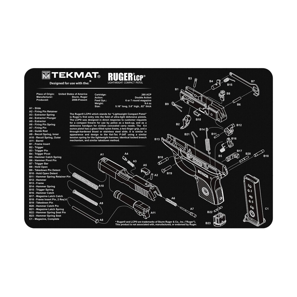 tekmat tekr17rugerlcp ruger lcp cleaning mat black/white rubber 11"x17" ruger lcp parts diagram TekMat TEKR17RUGERLCP Ruger LCP Cleaning Mat Black/White Rubber 11"x17" Ruger LCP Parts Diagram Sports South item 177701