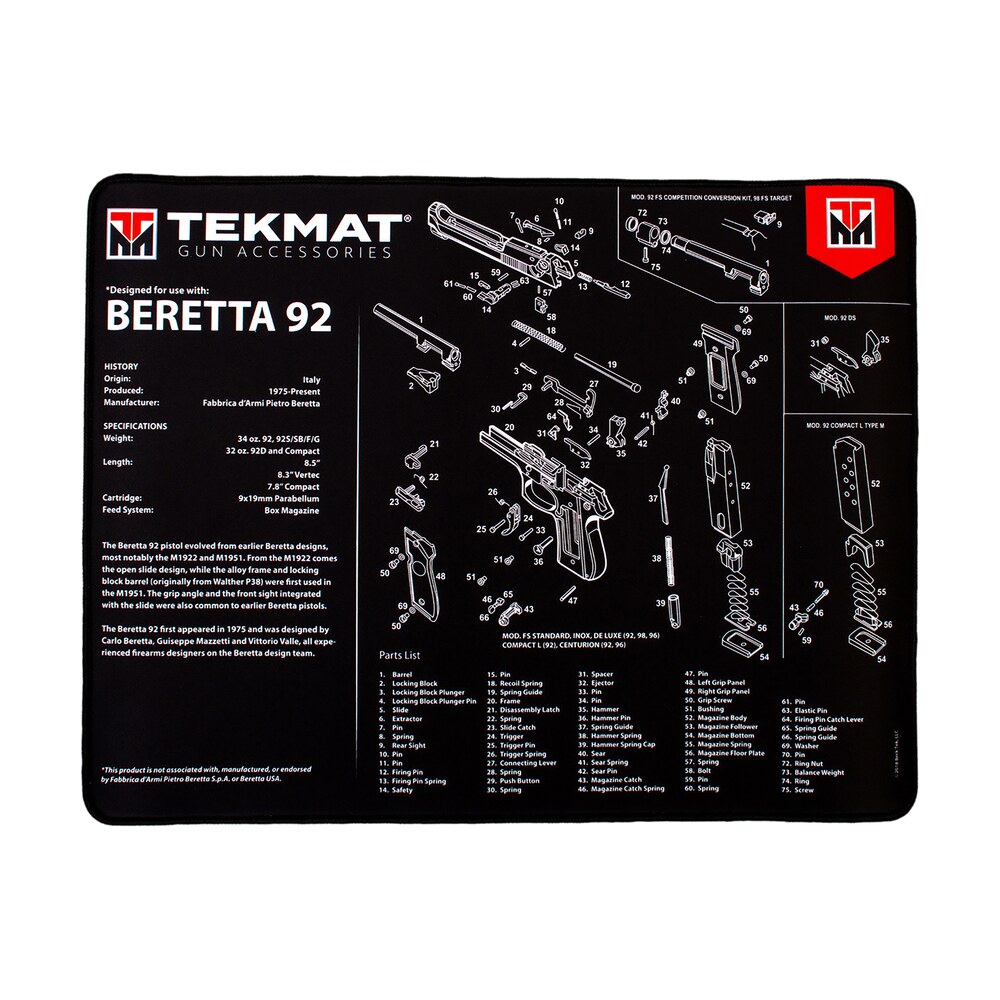 tekmat tekr20ber92 beretta 92 ultra 20 cleaning mat black/white rubber 15"x20" beretta 92 parts diagram TekMat TEKR20BER92 Beretta 92 Ultra 20 Cleaning Mat Black/White Rubber 15"x20" Beretta 92 Parts Sports South item 177713