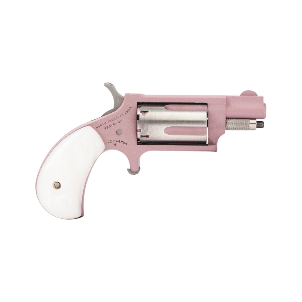 north american arms 22msrose mini revolver 22 wmr 5 shot 1.13" rose gold cerakote stainless steel barrel & frame, rose gold/stainless cylinder, white pearlite grip, stainless exposed hammer, North American Arms 22MSROSE Mini-Revolver 22 WMR 5 Shot 1.13" Rose Gold Cerakote Stainless Sports South item 178238