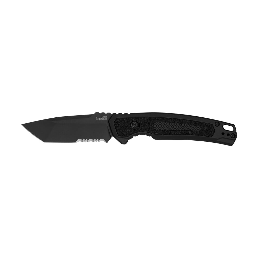 kershaw 7105 launch 16 automatic 3.45" folding tanto part serrated plain black cerakote cpm m4 steel blade, black cerakote aluminum handle Kershaw 7105 Launch 16 Automatic 3.45" Folding Tanto Part Serrated Plain Black Cerakote CPM M4 Sports South item 178283